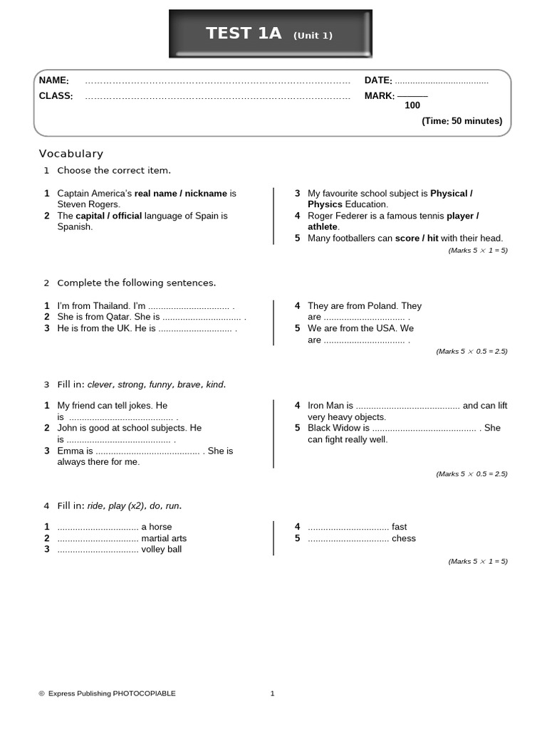 Unit 1 Vocabulary and Grammar Test | PDF