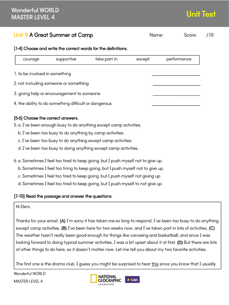 Summer Camp Unit Test for Master Level 4 | PDF