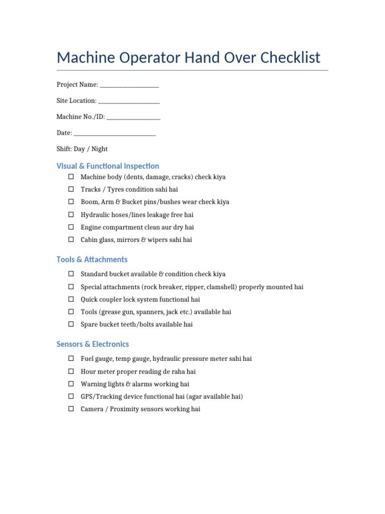 Machine Opertor Handover Checklist | PDF