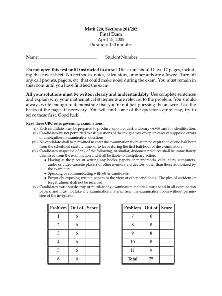 Math 220 Final Exam April 2005 | PDF