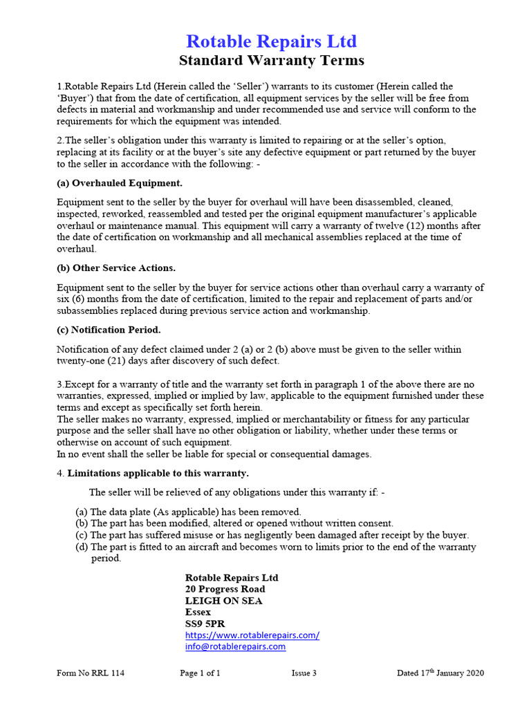 Rotable Repairs Ltd Warranty Terms | PDF | Contract Law | Consent