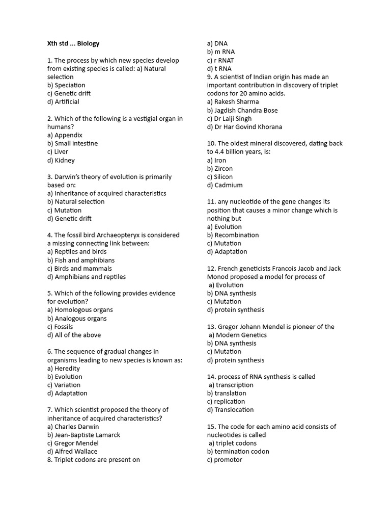 XTH STD Biology Test - 250815 - 151836 | PDF | Evolution | Genetic ...