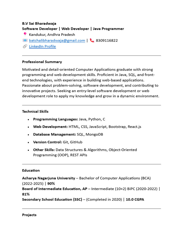 Java Developer Resume for Entry-Level Role | PDF