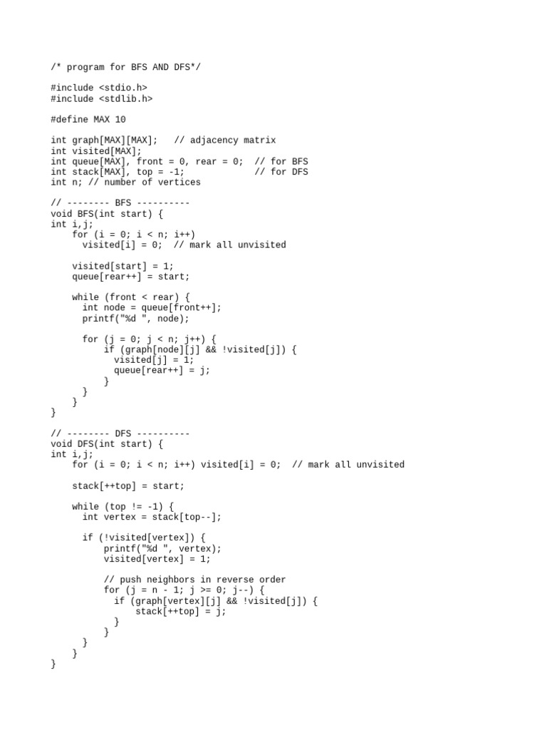 BFS and DFS Implementation in C | PDF