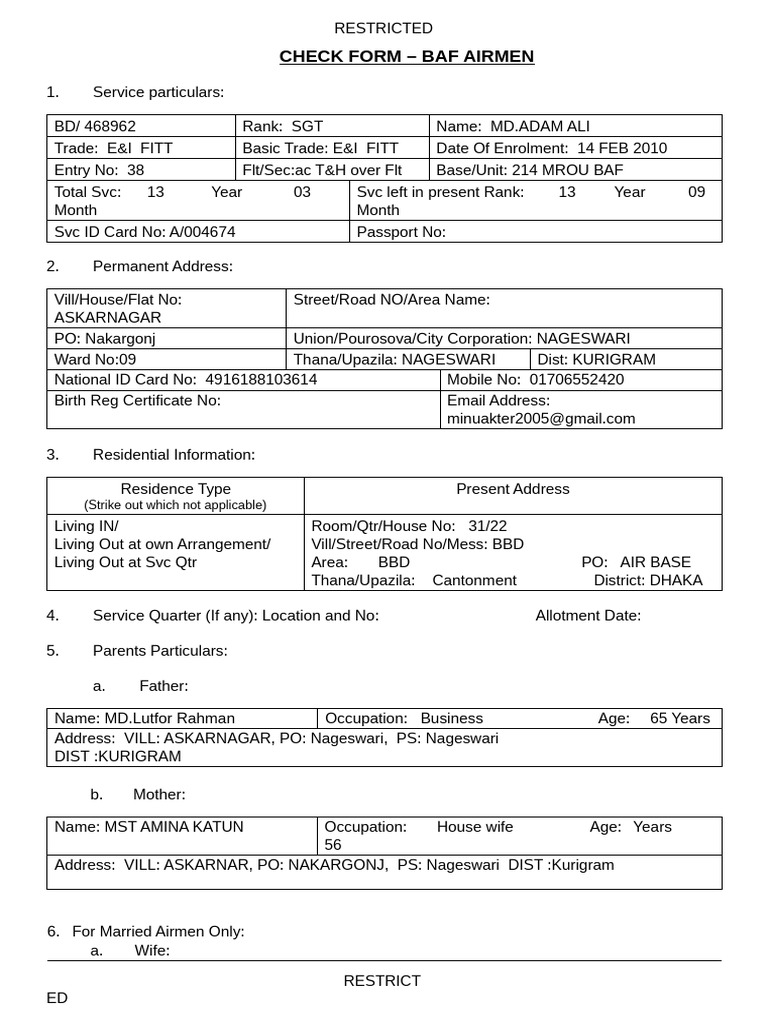 BAF Airmen Service Check Form | PDF