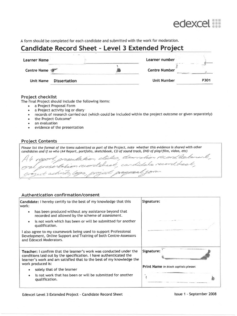 Example EPQ With All Administrative Forms | PDF