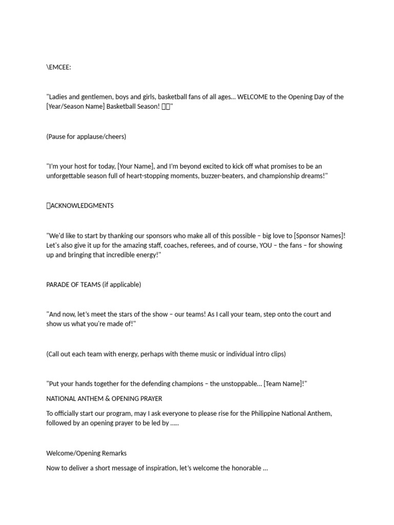 Basketball Season Opening Emcee Script | PDF