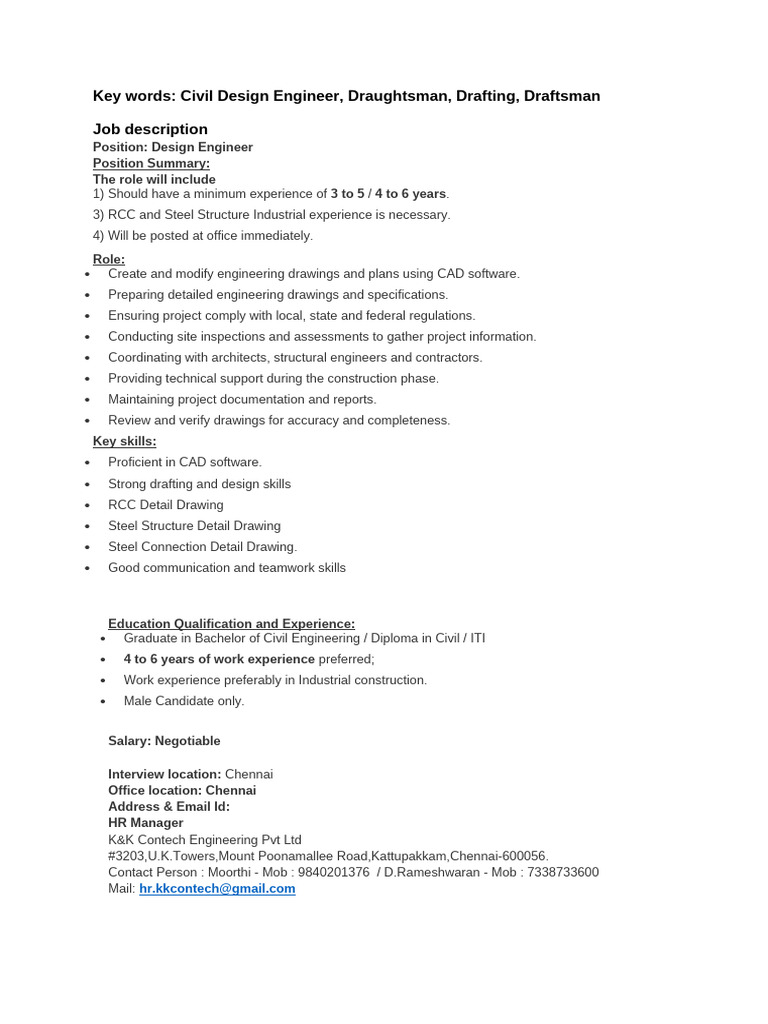 Design Engineer Job Opening in Chennai | PDF
