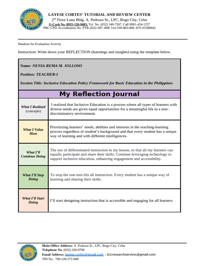 Inclusive Education Reflection Journal | PDF