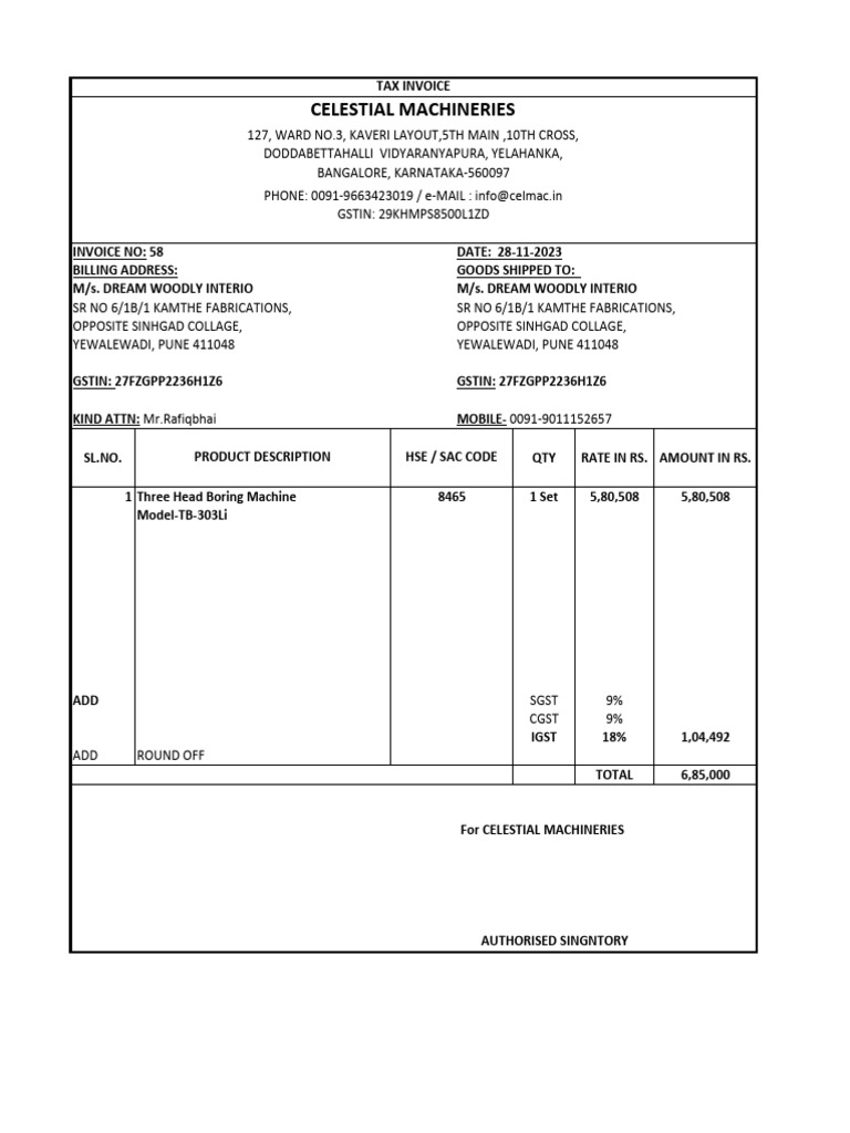 Invoice for Three Head Boring Machine | PDF