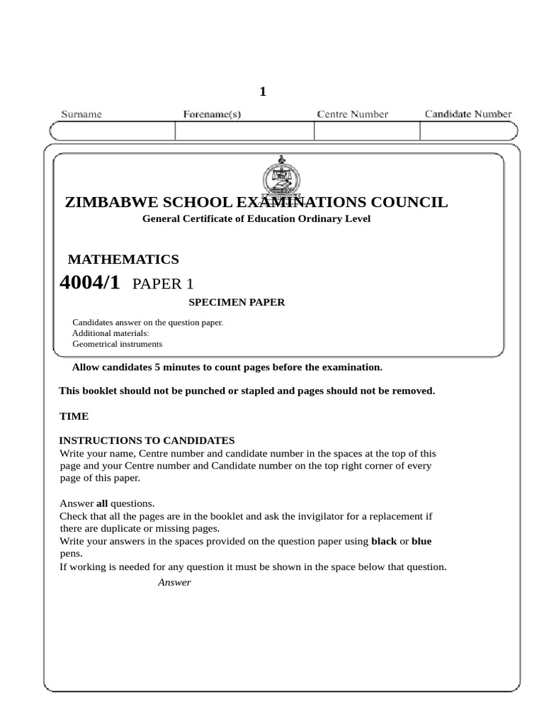 ZIMSEC O Level Mathematics Specimen Paper | PDF | Numbers | Mathematics