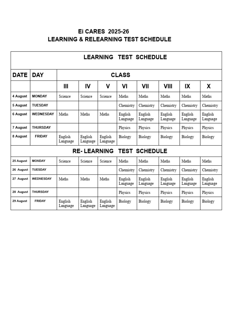 Ei CARES 2025-26 Learning & Relearning Test Schedule Learning Test ...