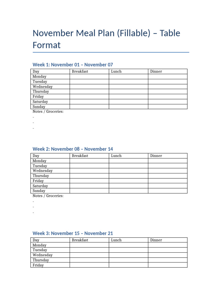 November Meal Plan Tables | PDF