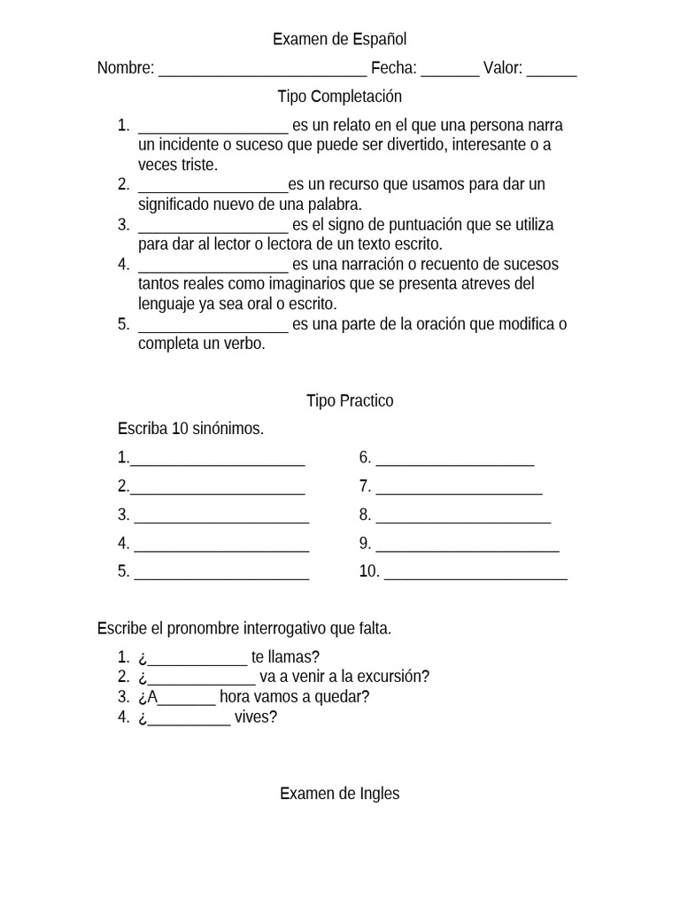 Examen de Español y Ingles III Parcial | PDF