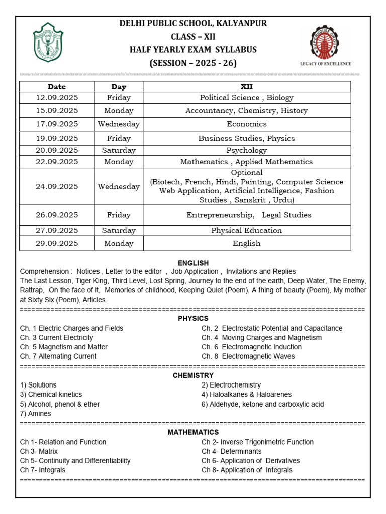 Class 12 Half Yearly Exam Syllabus 2025 | PDF | Determinant | Derivative