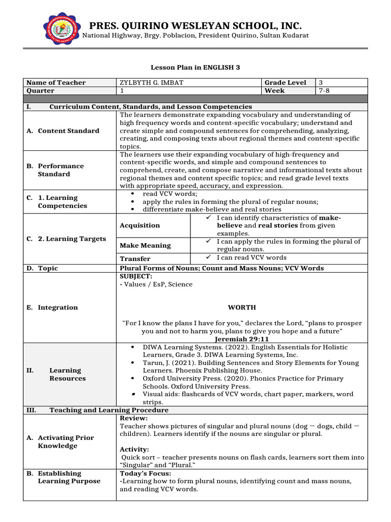 English 3 Lesson Plan: Plural Nouns & VCV Words | PDF | Plural | Flashcard