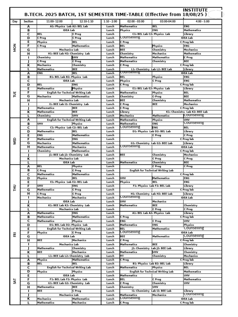 B.Tech 2025 1st Semester Timetable | PDF | Natural Sciences | Physics