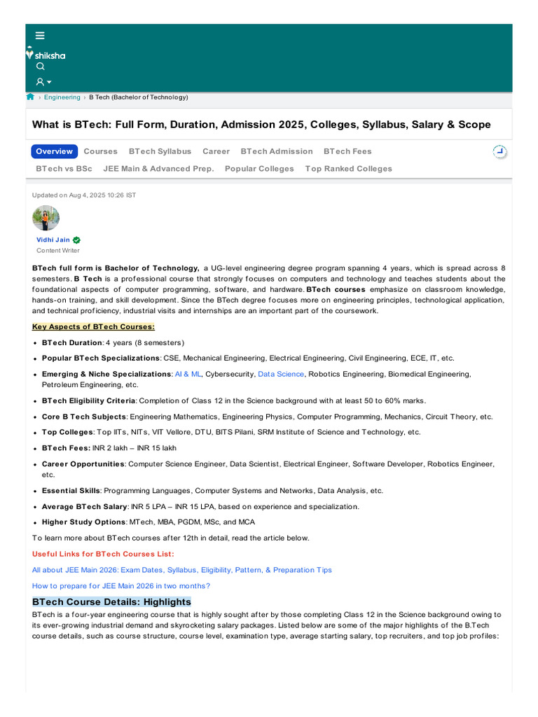 BTech Course Overview and Details 2025 | PDF | University And College ...