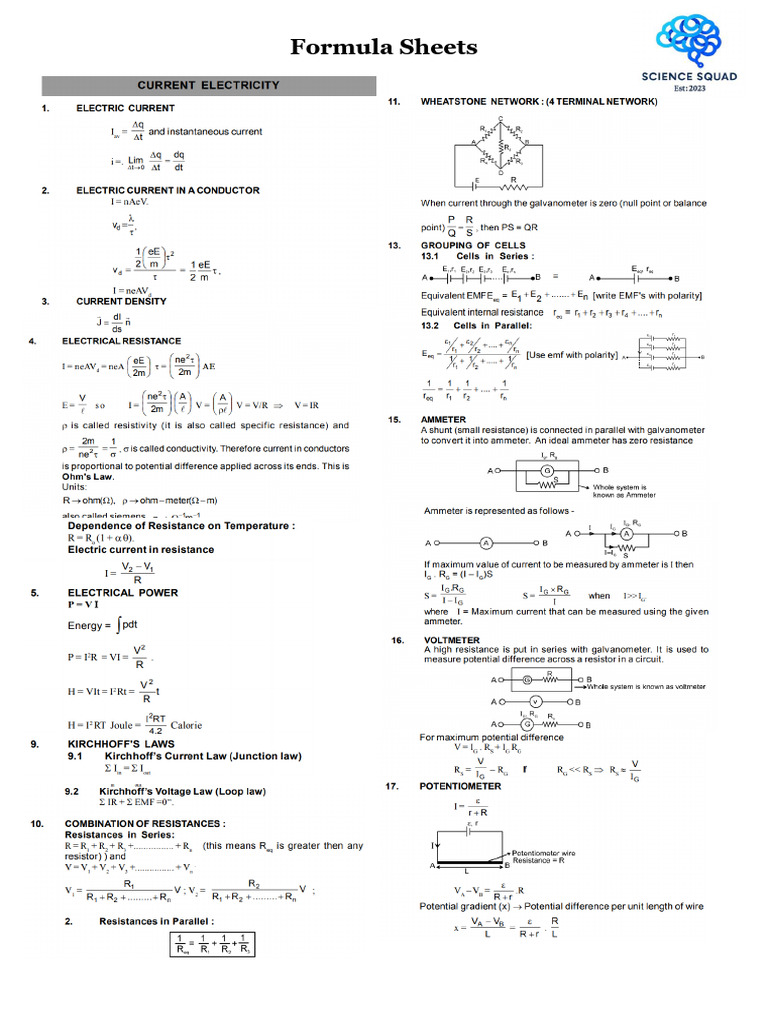 Formula Sheets Current Electricity | PDF