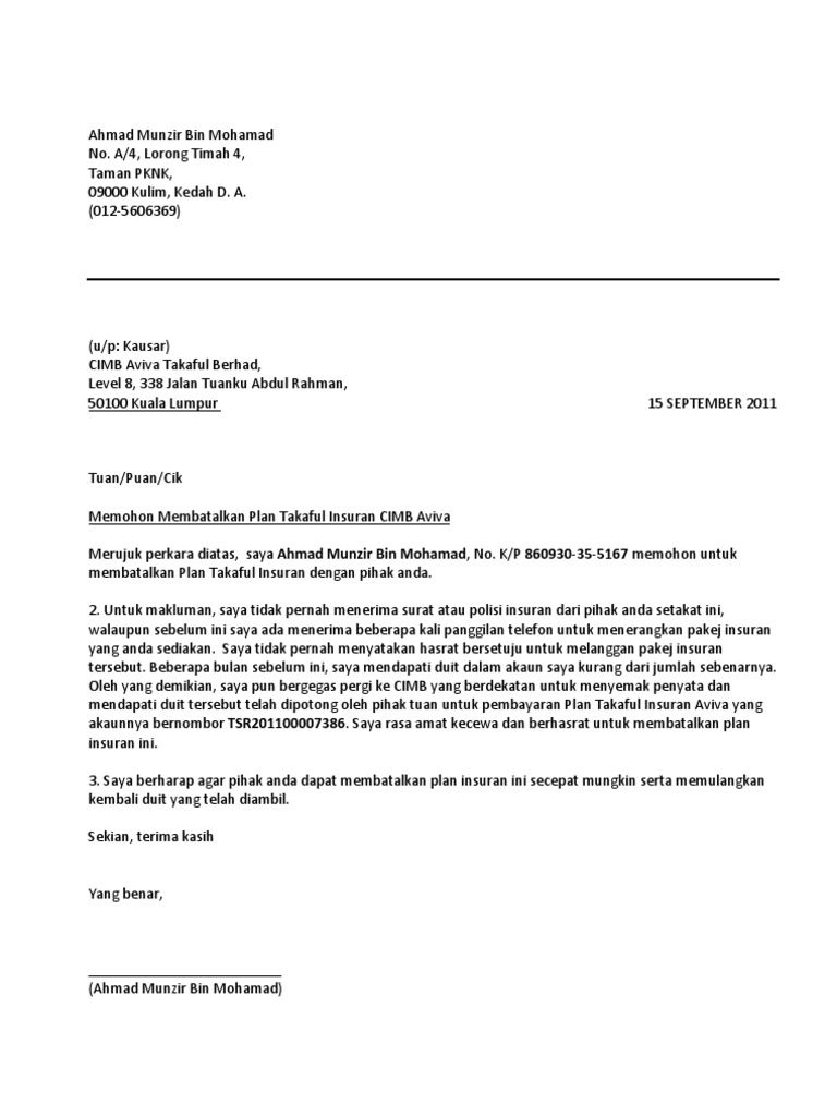 Surat Pembatalan Insuran Aviva Pdf