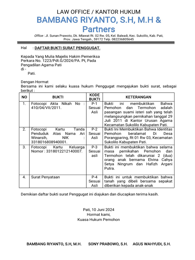 Daftar Bukti Surat Penggugat Pati | PDF