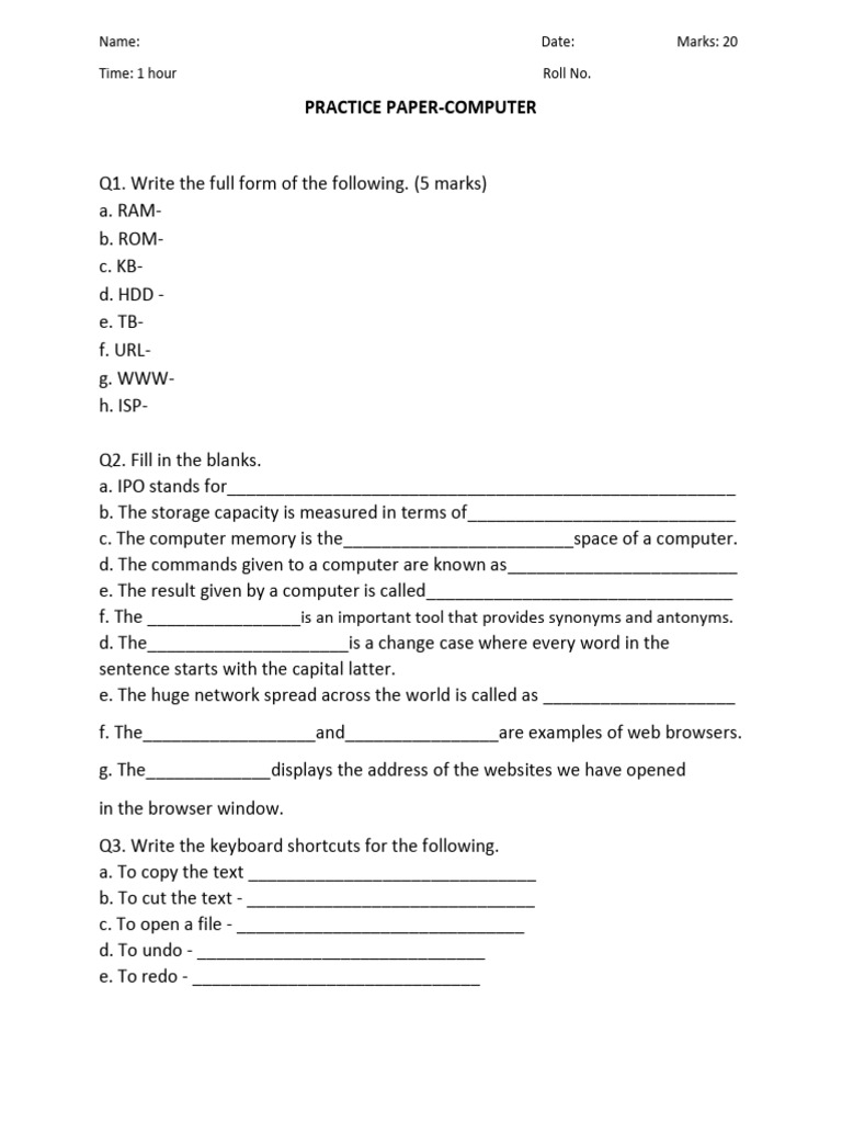 Computer Practice Paper for Students | PDF
