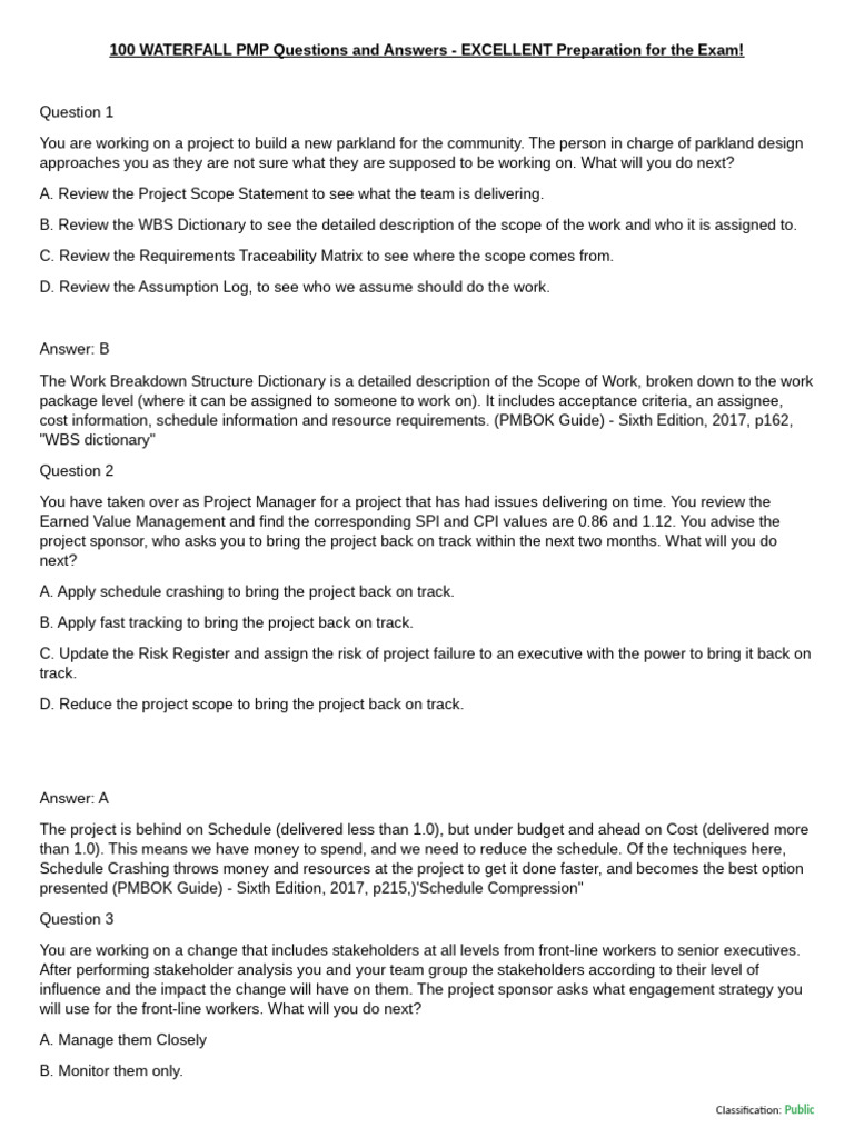 100 WATERFALL PMP Questions and Answers - EXCELLENT Preparation For The ...