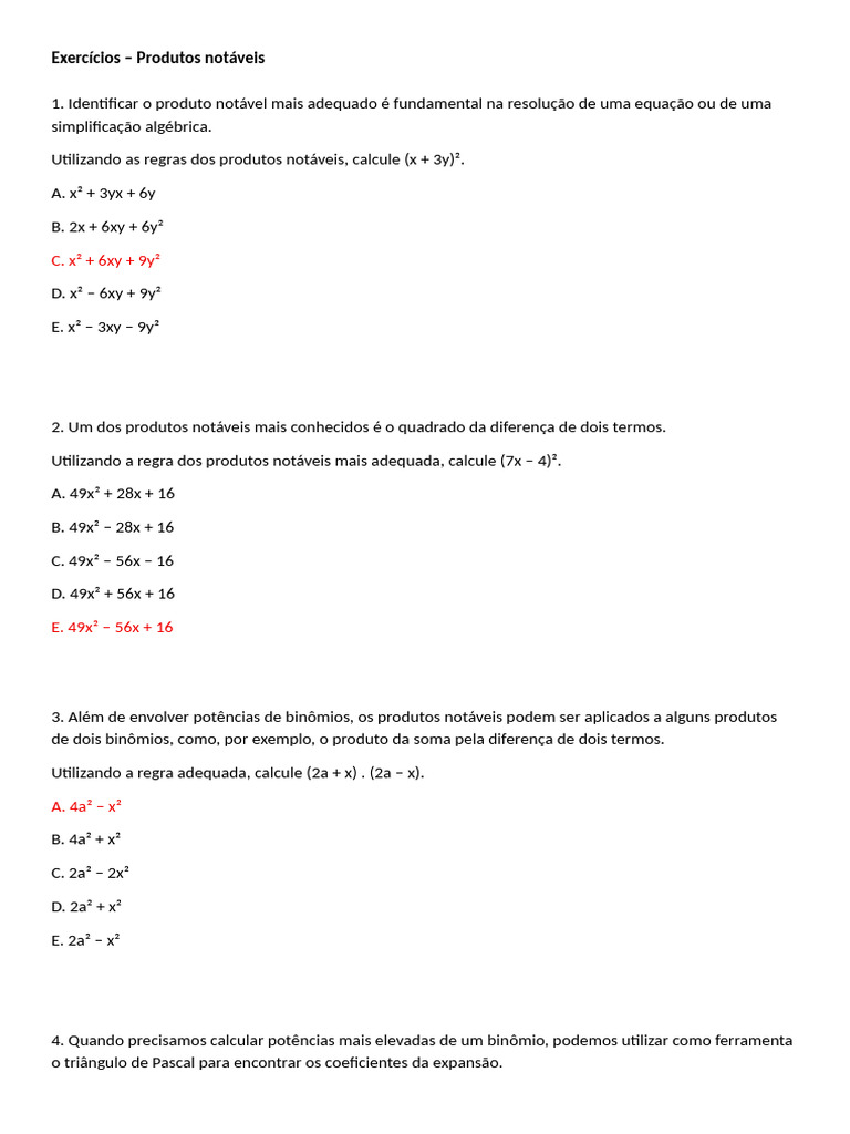 Exercícios sobre Produtos Notáveis | PDF