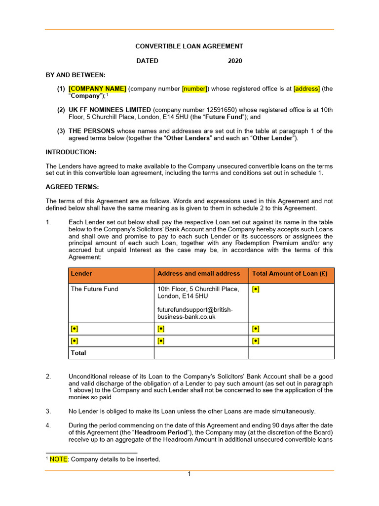Convertible Loan Agreement Template | PDF | Loans | Interest