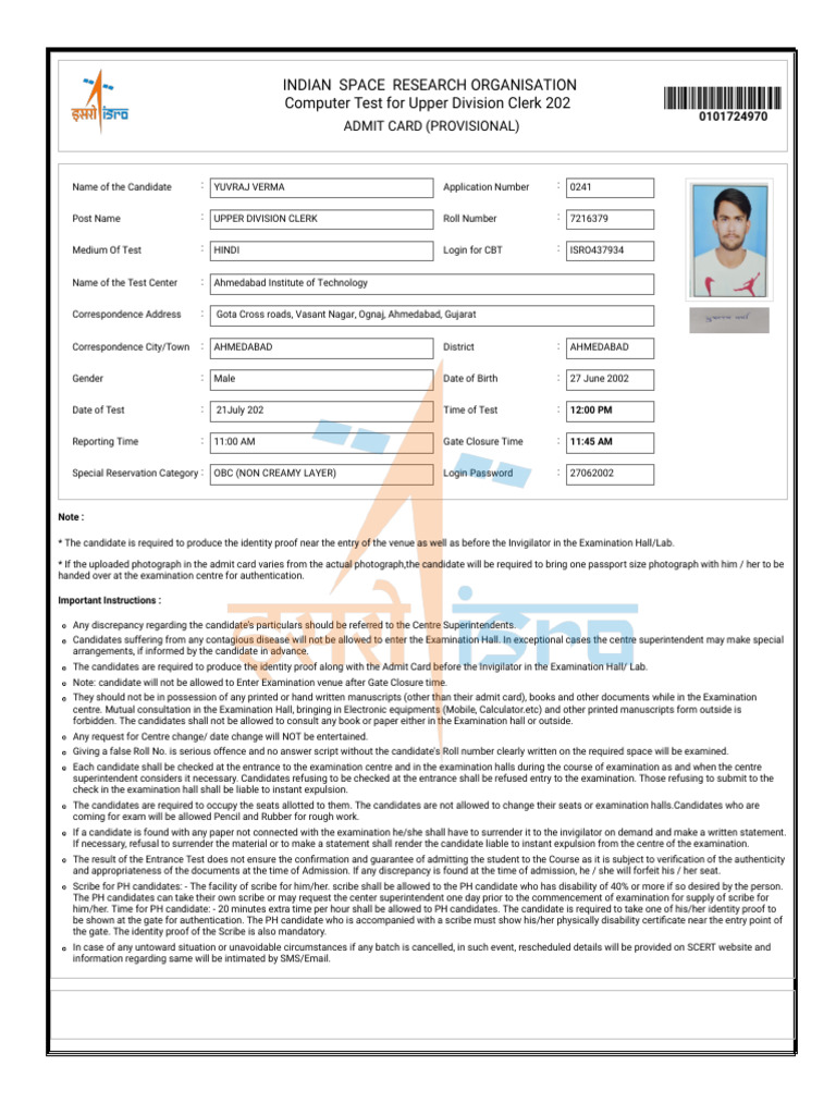 ISRO Admit Card Instructions 2025 | PDF