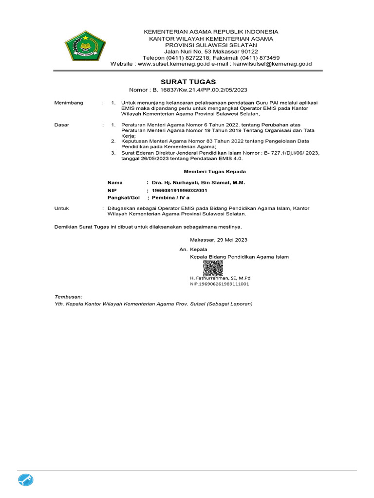 Surat Tugas Operator EMIS Sulsel | PDF