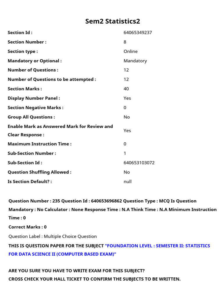 Semester II Statistics Exam Paper | PDF | Multiple Choice | Question