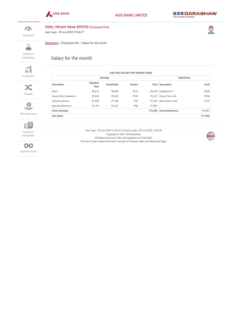 June 2023 Salary Slip for Vikrant Rana | PDF