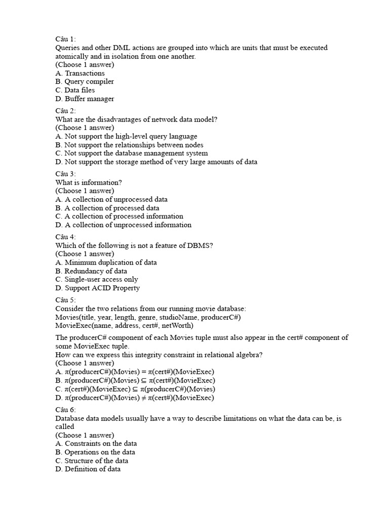 Database Concepts and Queries Quiz | PDF | Relational Model ...