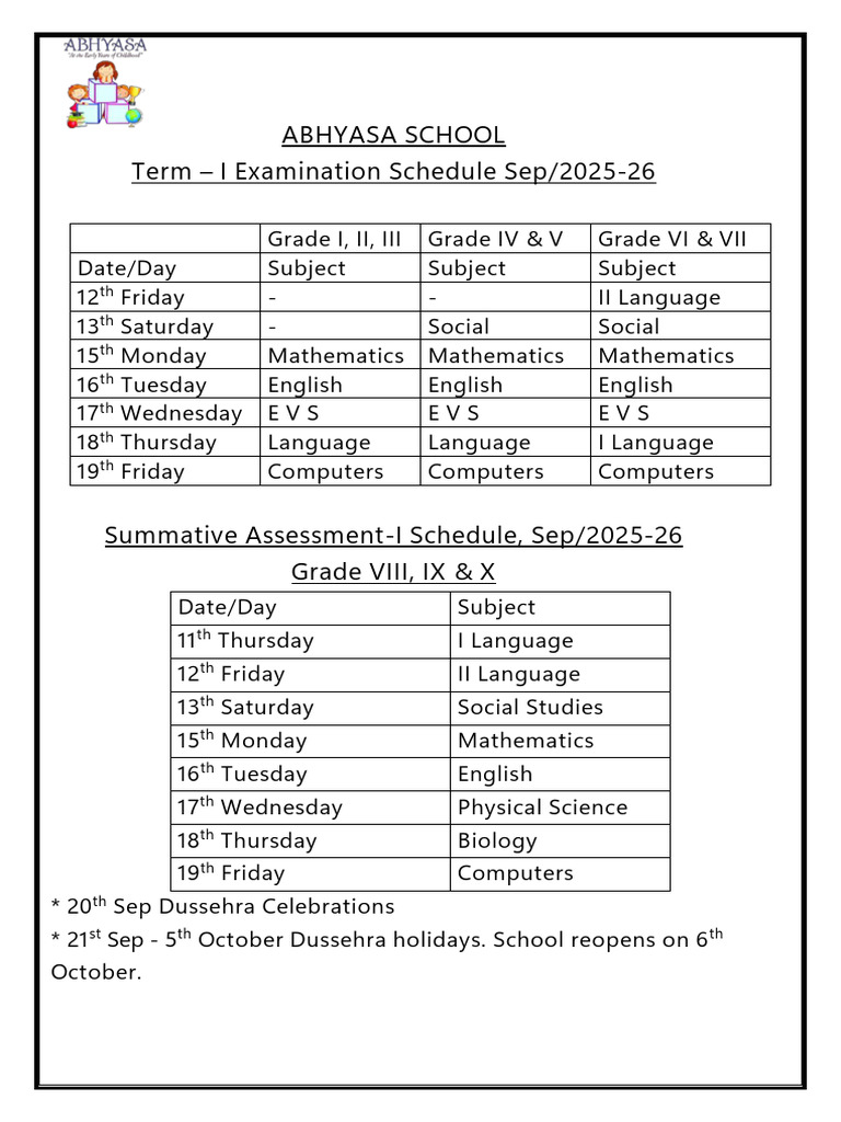 Term I Exam Schedule 2025-26 | PDF