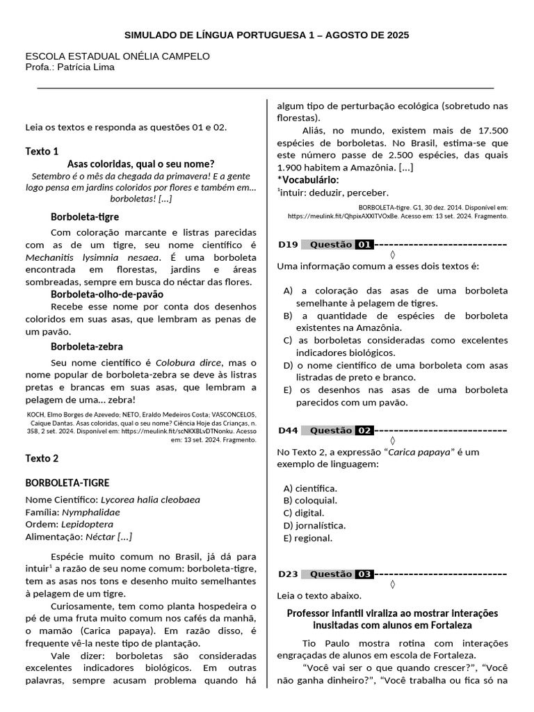 Simulado de Língua Portuguesa 2025 | PDF | Aprendizado | Emoções