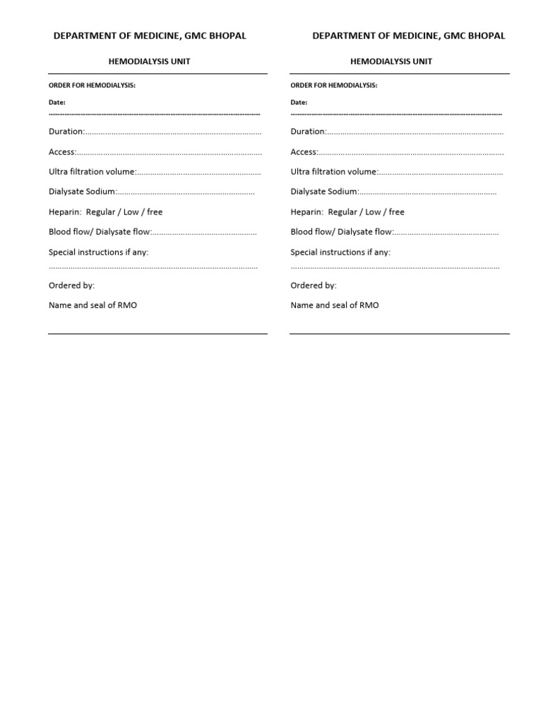 Hemodialysis Order Form Template | PDF