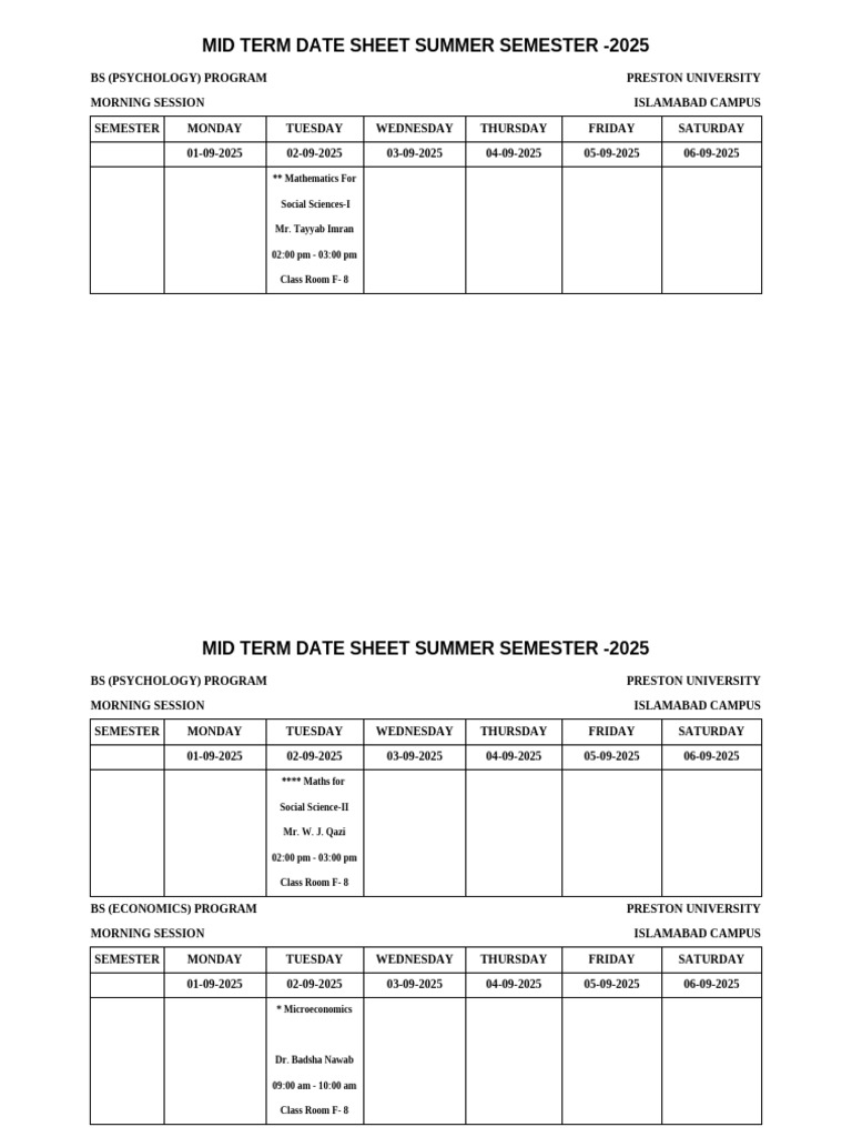 Date Sheet Mid Term Summer Semester - 2025 - Revised Eco Psy | PDF