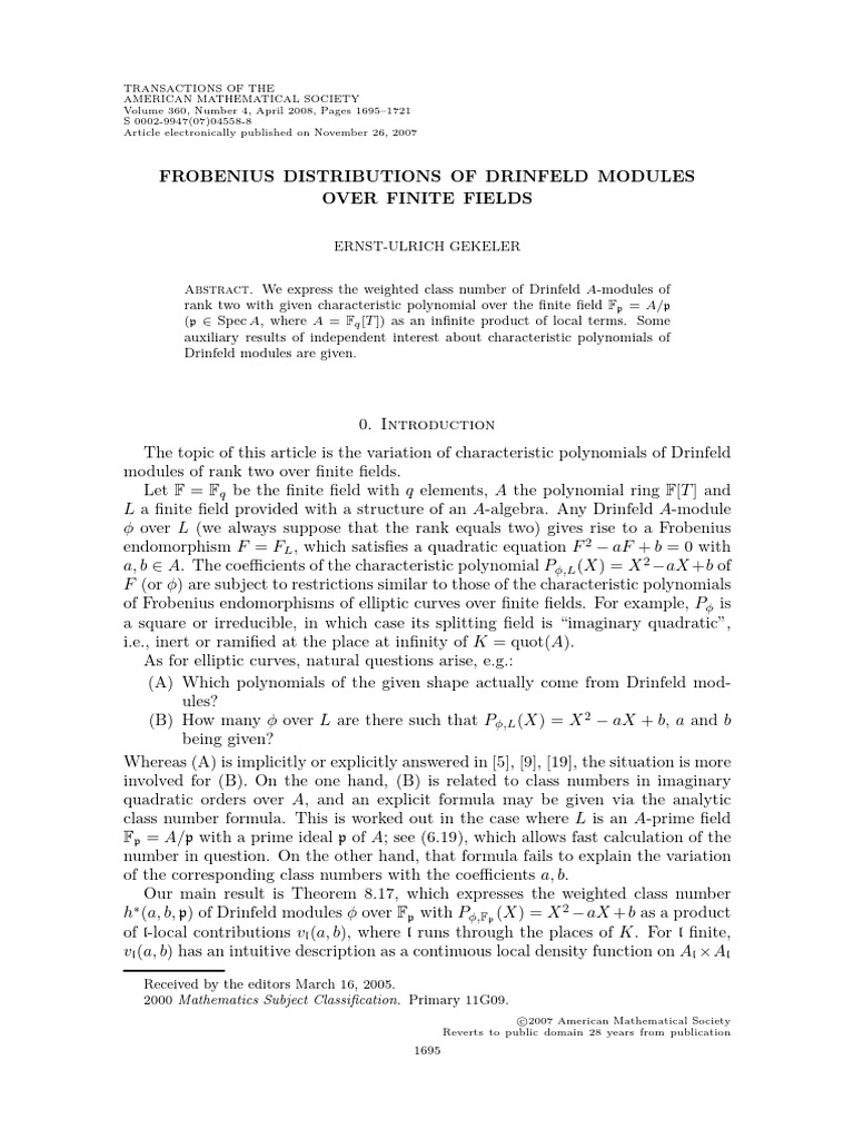 Gekeler - Frobenius Distributions of Drinfeld Modules | PDF | Field ...