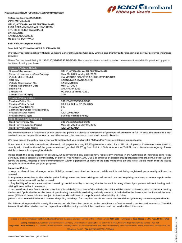 ICICI Lombard Risk Assumption Letter | PDF | Insurance | Business Law