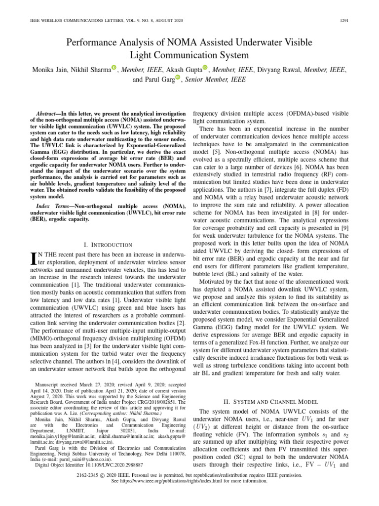 NOMA for Underwater VLC Performance Analysis | PDF | Channel Access ...