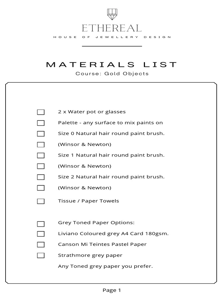 Materials List - Gold Objects Course | PDF