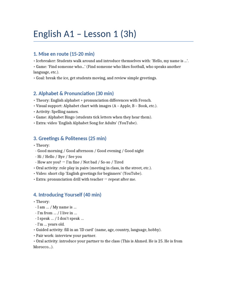 English A1 Lesson 1: Greetings & Introductions | PDF