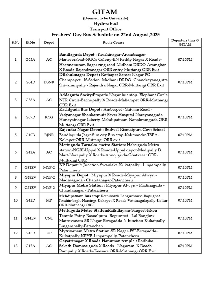 GITAM Freshers' Day Bus Schedule 2025 | PDF | Public Services | Vehicles