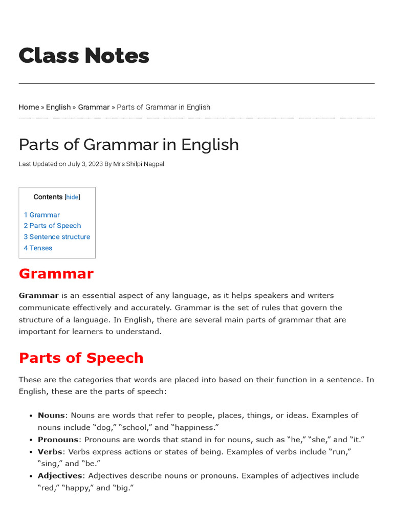 Essential Parts of English Grammar | PDF | Part Of Speech | Adverb