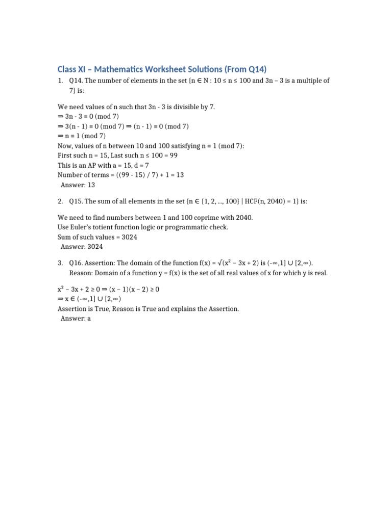 Class XI Math Worksheet Solutions | PDF