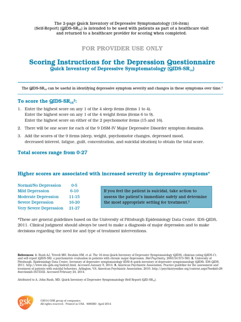 Depression Questionnaire QIDS SR 16 | PDF | Major Depressive Disorder ...