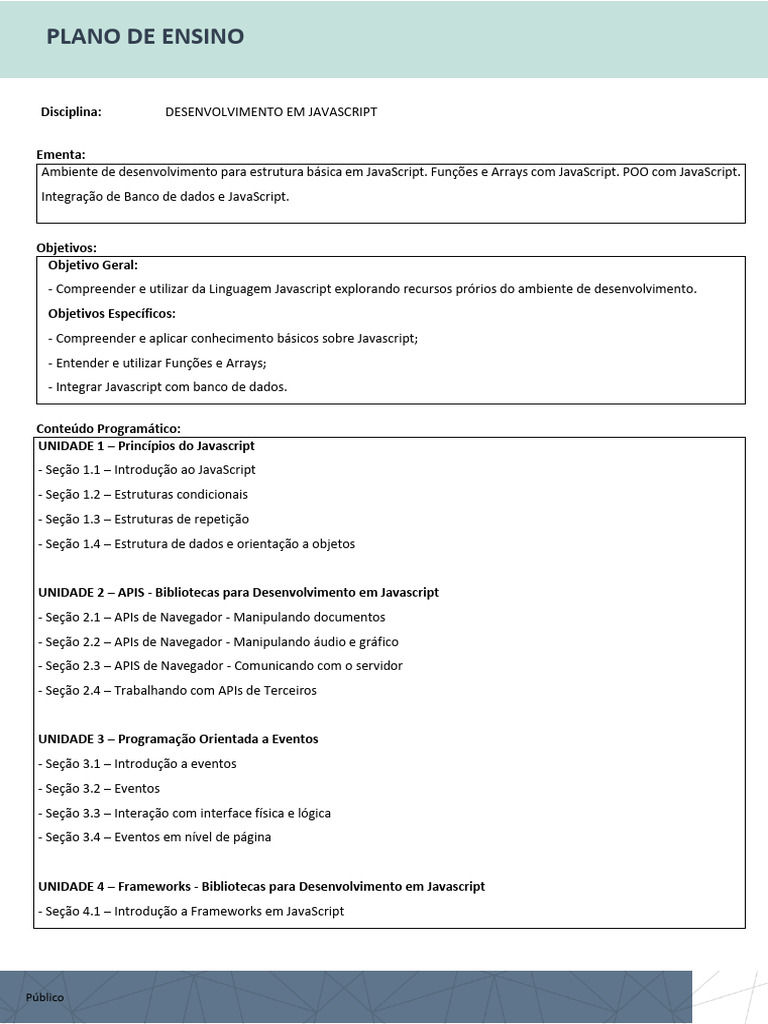 Plano de Ensino: Desenvolvimento em JavaScript | PDF | Script Java ...