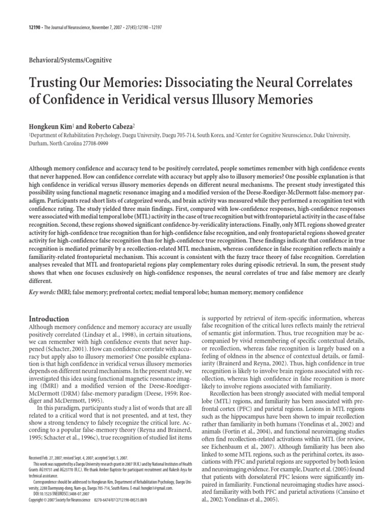 Neural Correlates of Memory Confidence | PDF | Cingulate Cortex | Memory