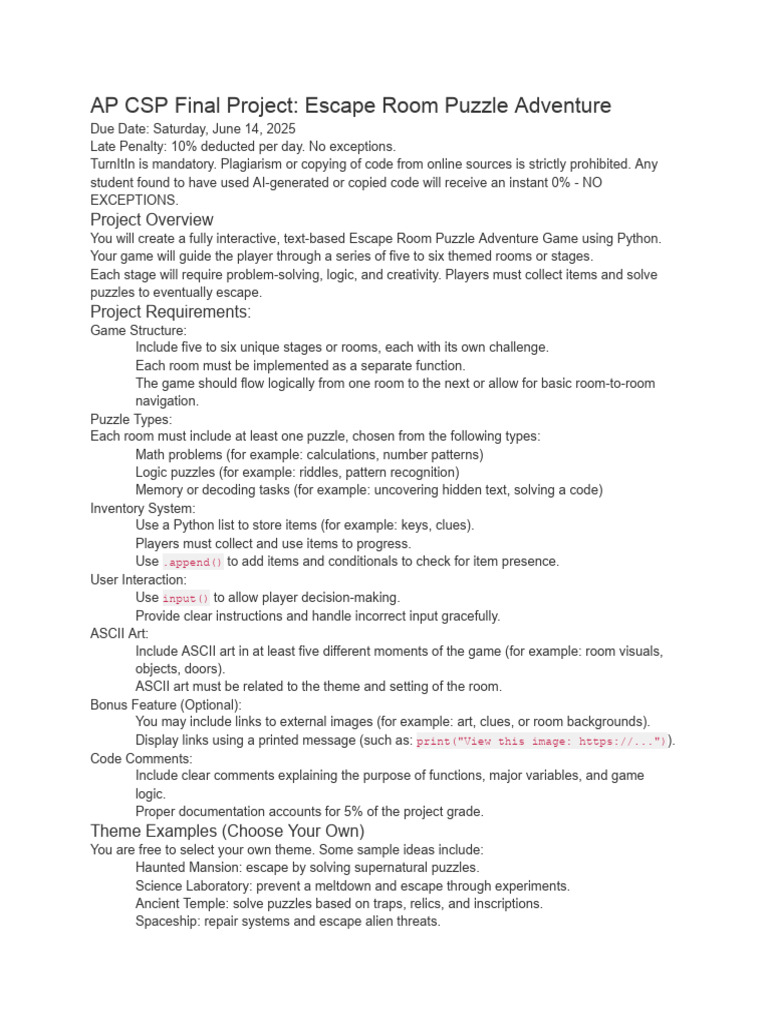 AP CSP Final Project - Escape Room Puzzle Adventure | PDF | Software ...